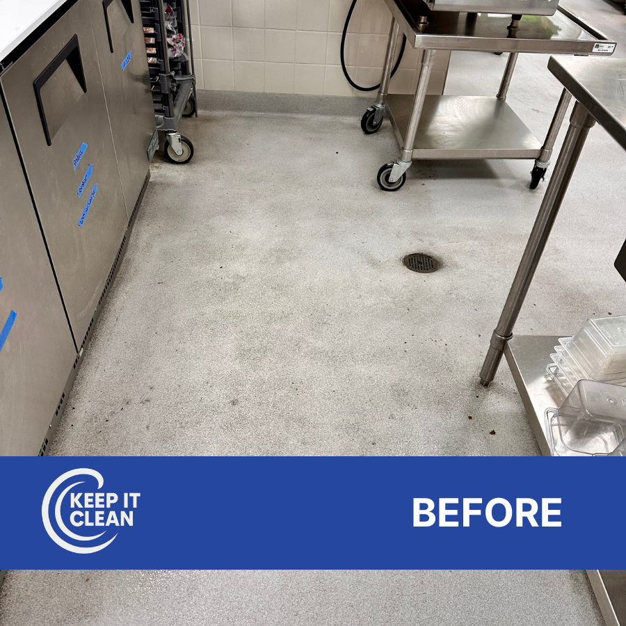 Industrial kitchen floor before cleaning, with accumulated dirt